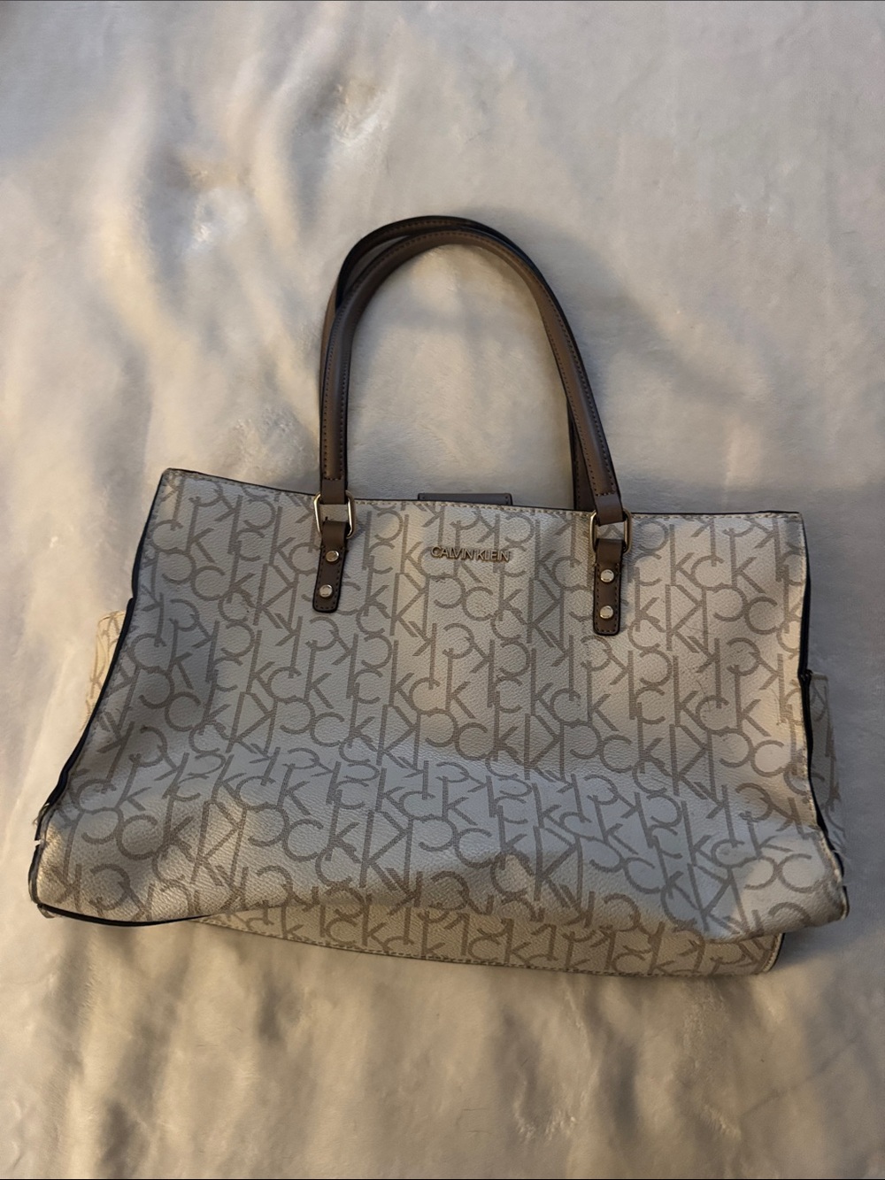 Calvin Klein Cream Beige Monogram Tote with Brown Handles